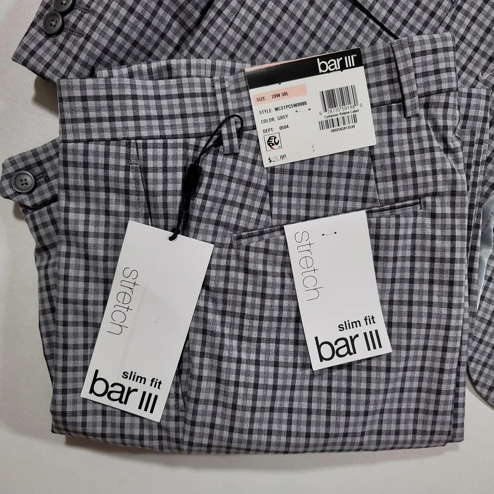 Bar III Slim Fit Suit Mens 38R 38 2 Piece Pants 28x30 Grey Check $395‎ NEW